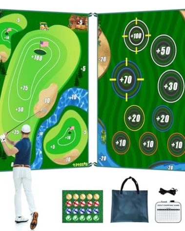 TOTOSIN Golf Chipping Game Mat, Double Sided Golf Hitting Mat,6x5 FT Golf Practice Mat Outdoor Indoor Golf Games for Adults,Score Sticky Playing Golf Balls for Home Backyard Garage Game(No Club)