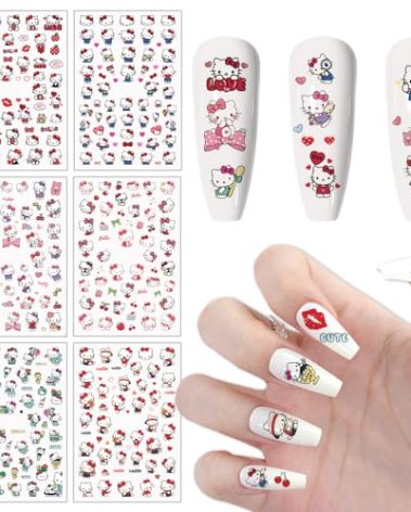 6 Sheets Cute Nail Art Stickers Decals Red Pink Cat Self Adhesive Nail Stickers Supply Kawaii Cat Nail Decals for Women DIY Manicure Tip Cartoon Party Nail Decoration Accessories