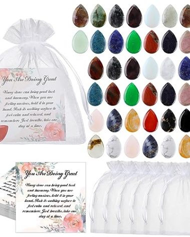 Sasylvia 50 Sets Anxiety Inspirational Gifts Include 50 Thumb Worry Stone 50 Inspirational Tags 50 Organza Bags Encouragement Gifts for Men Women Anxiety Relief Items Chakra Crystal Set for Meditation