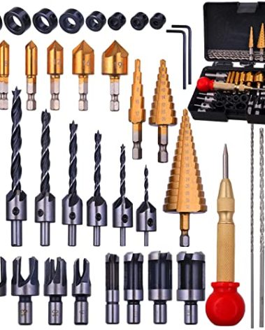 Rocaris 39 Pack Woodworking Chamfer Drilling Tools, Including Countersink Drill Bits, L-Wrench, Wood Plug Cutter, Step Drill Bit, Center Punch, Drill Stop Bit Collar Set, Twist Drill Bit Tool
