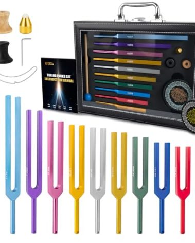 Hugbow 10 PCS Unweighted Tuning Fork for Healing Set, Multi-Color Chakra Tuning Forks, Aluminum Alloy Solfeggio Tuning Forks with Activator & feet (174-963Hz) for Sound Healing