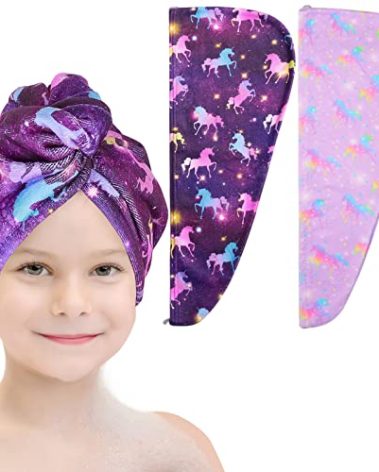 Basumee Microfiber Hair Towel Wrap for Kids 2 Pack Rapid Drying Hair Towel with Button Hair Turbans for Wet Hair Wraps Head Towel Wrap for Women and Girls, Dark Unicorn