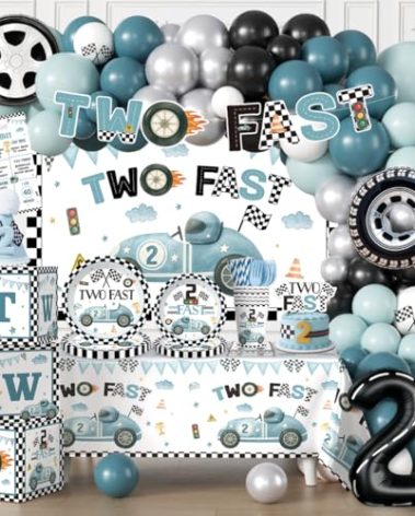 Fexivo 249pcs Two Fast Birthday Decor, All-in-one Two Fast Birthday Decorations Set with 20 Serves Disposable Plates, 2 Tablecloths, Backdrop, Balloon Arch for 2nd Birthday Decorations for Boys
