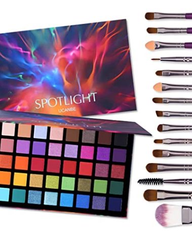 UCANBE Spotlight Eyeshadow Palette + 15 PCS Eye Brushes Makeup Set, Professional 40 Color Matte Shimmer Glitter Eye Shadow Pallet Highly Pigmented Waterproof Long Lasting Make up Pallete