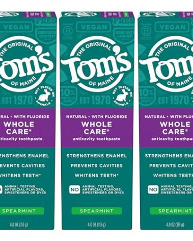 Tom's of Maine Whole Care Natural Toothpaste with Fluoride, Spearmint, 4 Ounce (Pack of 3), (Packaging May Vary)