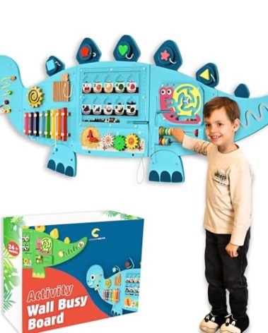 AthomBear Dinosaur Wall Busy Board with 12 Activities - Wall Toys for Toddlers 2,3,4,5 - Sensory Panel Wooden - Montessori Busy Board Learning Activity Center for Playroom and Classroom