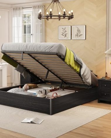 AMERLIFE Lift Up Storage Bed, Full Bed Frame with Storage Underneath, Wooden Platform Bed Frame, Solid Wood Slats Support, No Fixed Headboard, No Box Spring Needed, Dark Oak