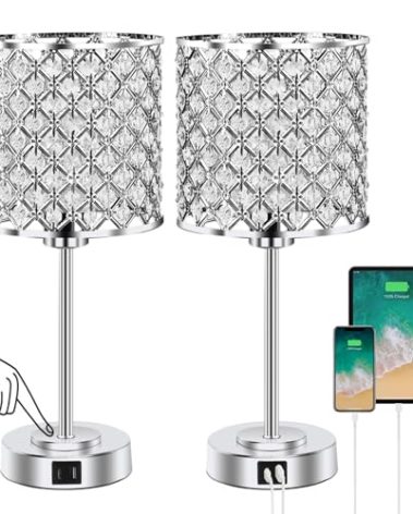 Crystal Table Bedside Lamp Touch Control, Dimmable Small Nightstand Lamp Set of 2 with USB-C+A Charging Ports, Decorative Silver Tabletop Lamp for Bedroom Living Room Guest Room, Bulbs Included
