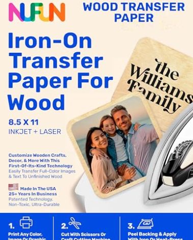 NuFun Activities Printable Iron-on Heat Transfer Paper for Wood, 5 Sheets 8.5 x 11 inch, Long Lasting, Durable, Professional Quality, Easy DIY, Non-Toxic, Made in The USA