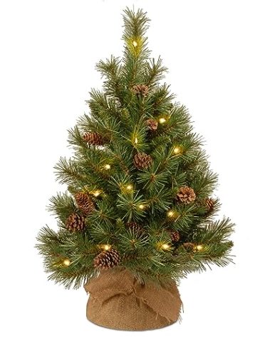National Tree Company 3 ft Pre-Lit Mini Artificial Christmas Tree, Pinecones, 35 Clear LED Lights, 144 Tips, Timer, Burlap Base, Green