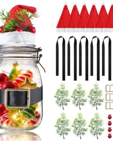 Suncalla 18 Pcs Christmas Mason Jars DIY Crafts Kits Included 6 Mini Santa Hat 6 Red Berries Picks Artificial Pine Branches 6 Santa Belt Buckle Crafts for Christmas Party Activity Supplies