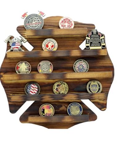 Firefighter Challenge Coin Display Wall Mount Shelf, Wooden Challenge Coin Holder Wall Display, Burnt Maltese Cross Fire Fighter and Military Coin Holder Wood Rack, 5 Rows, Holds Up To 25 Coins
