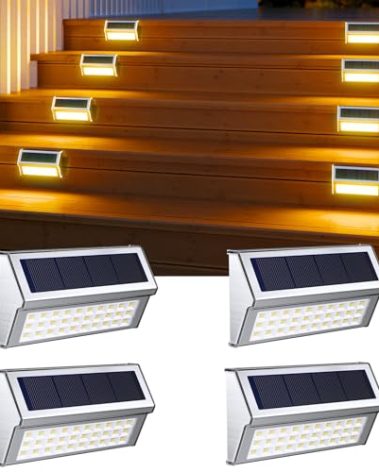 ROSHWEY Solar Step Lights for Outside, 4 Pack 30 LED Stainless Steel Outdoor Stair Lights, IP65 Waterproof Solar Light for Outside, Outdoor Lighting for Deck, Patio, Step, Stair, Warm White Light
