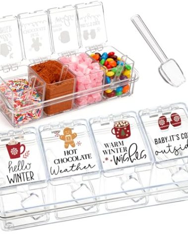 Qinyoung 4 Pcs Hot Cocoa Bar Supplies Clear Acrylic Seasoning Spice Box with Cover and Spoon Cocoa Marshmallows Peppermints Chocolate Chips Storage Container for Christmas Hot Chocolate Bar