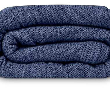 Linteum Textile Supply Leno Weave Navy Blue Blanket, Queen 100% Cotton, Lightweight, Warm, Fluffy, Premium and Durable Soft & Cozy Bed Blanket for Home, Couch, Sofa & Dorm, All Season Throw [90x90]