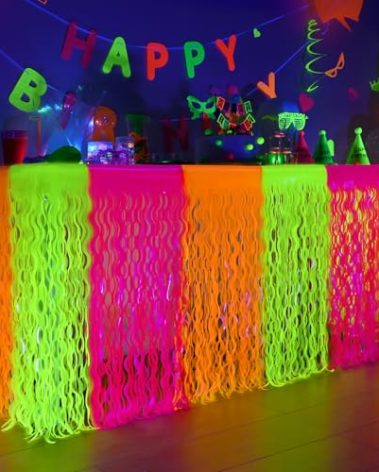 Mega-L Glow in The Dark Party Supplies, 2 Pack Neon Party Decorations Fluorescent Macaron Orange, Yellow and Fuchsia Wavy Metallic Tinsel Foil Fringe Table Skirts, Perfect Glow Table New Year Decor