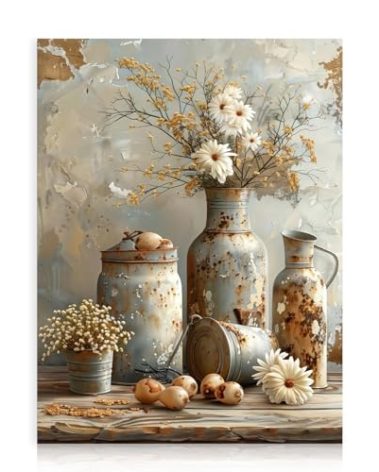 Dazzlewall Daisy Floral Wall Art, Vintage Rustic Botanical Canvas Print for Kitchen Farmhouse Bathroom Decor 12x16 in Unframed