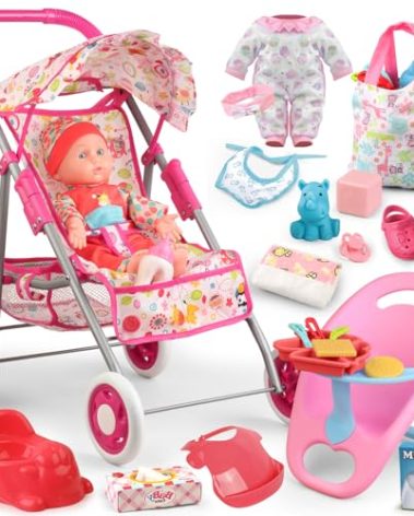 Baby Doll Stroller Set Toys for Girls Toddlers 3-5 4-6 Gifts,Baby Doll Set with 12.5 inch Doll,1 Baby Dining Chair,20 PCS Baby Doll Accessories and 2 Sets Doll Clothes for Realistic Pretend Play
