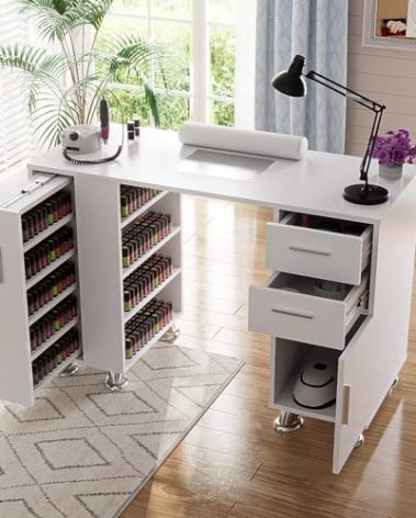 Manicure Table, Nail Tech Desk with Dust Collector, Acetone Resistant Nail Table Station with 4 Dust Bags & Wrist Rest, Beauty Salon Nail Supplies Workstation with Drawers Storage Cabinets, White