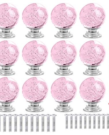 ANJUU 12 Pcs 30mm Round Shape Bubble Crystal Glass Cabinet Knobs with Screws Drawer Knob Pull Handle Used for Kitchen, Dresser, Door, Cupboard (Pink)