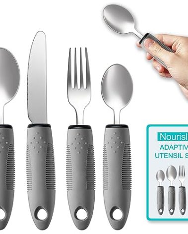 Nourislif Adaptive Utensils 4pcs For Hand Tremors,Elderly, Arthritis,Parkinsons-Built Up Utensils For Adults 2.5oz Each, Silverware Set With Handle, Flatware Cutlery Set For Seniors