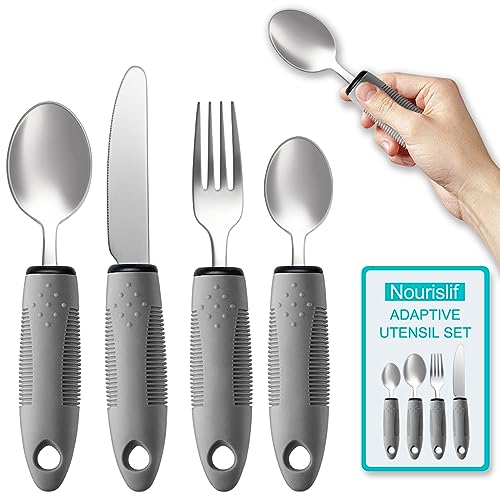 Nourislif Adaptive Utensils 4pcs For Hand Tremors,Elderly, Arthritis,Parkinsons-Built Up Utensils For Adults 2.5oz Each, Silverware Set With Handle, Flatware Cutlery Set For Seniors