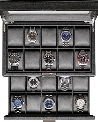 ROTHWELL 20 Slot Leather Watch box - Luxury Case Display Jewelry Organizer, - Locking Display Case Holder with Large Real Glass Top - Watch Box Organizer for Men and Women (Black/Grey)