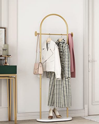 DR.IRON Modern Gold Clothes Racks with Shelves Freestanding, Gold Coat Racks with Marble Base & Coat Hanger with Umbrella for Entryway Hallway, Office or Bedroom