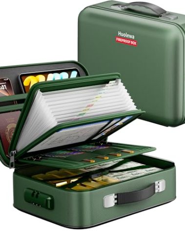 Aollewoiti Fireproof Document Box, Hard Case Fireproof Box with Lock, Portable Hard-Shell Fireproof Water Resistant Document Safe for Important Documents, Laptops, Passports, Files and More (Green)