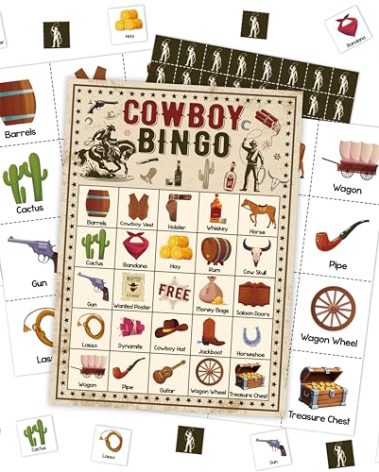 Mueddur Cowboy Bingo Card Game, Wild West Bingo Set for Adults Family Friends, Western Party Decorations, Cowboy Bingo Kit for Birthday Party, Holiday Games for 24 Players -07