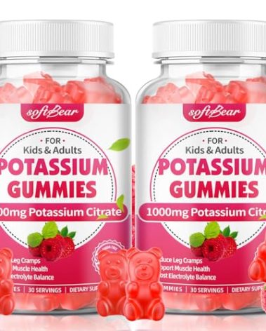 softbear Potassium Citrate 1000mg Gummies – High Absorption Potassium Gummies for Muscle Support & Electrolyte Balance – Potassium Supplement for Women & Adults, Vegan, Raspberry Flavor (120 Count)