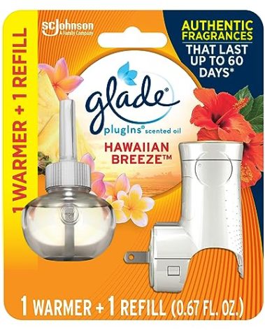 Glade PlugIns Refills Air Freshener Starter Kit, Hawaiian Breeze, Scented and Essential Oils for Home and Bathroom, 0.67 Fl Oz, 1 Warmer + 1 Refill