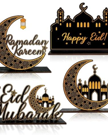 Jremreo 4 Pack Ramadan Kareem Eid Mubarak Table Decorations - Wooden Tabletop Signs, Black and Gold Wood Tiered Tray Centerpieces for Islamic Al-Fitr Eid and Ramadan Decor