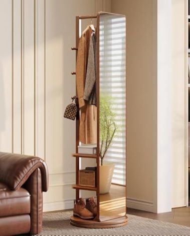 IUNVR 360° Rotating Standing Mirror Full Length with Coat Rack, Full Length Mirror 69” with Stand & Hidden Storage for Bedroom, Entryway, Closet