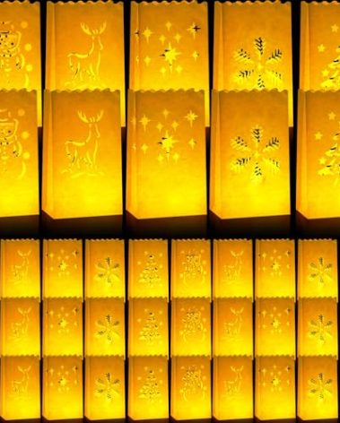 Crtiin 100 Pieces Christmas Luminary Bags White Paper Flame Luminary Resistant, 5 Holiday Designs: Tree, Snowflake, Snowman, Reindeer Candle Lantern Bags for Christmas Party Decoration