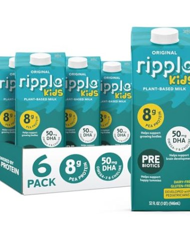 Ripple 32 oz Plant Based Milk 8g of Quality Sourced Pea Protein, Calcium Rich | Shelf Stable | Vegan & Non GMO Certified | Dairy, Soy, Nut, Gluten, & Lactose Free (Pack of 6) (32 Fl Oz (Pack of 6), Kids Original)