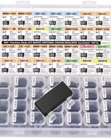 SMD SOT-23 Electronic Components Assortment, Transistors, BJT, MOSFET, Diodes, Schottky, Switching, Voltage Regulator, 28 Types, 1400 pcs