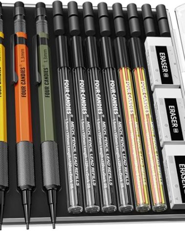Four Candies 1.3mm Mechanical Pencil Set with 72 Lead Refills, 3PCS Metal Weatherproof Body Heavy Duty Carpenter Pencil, 3 Eraser, 16 Eraser Refills, for Outdoor Woodworking Drafting Marking with Case