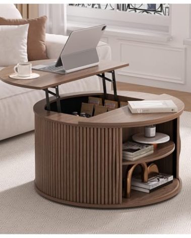 JOINICE Round Coffee Table with Lifting Top,31.5”Mid Century Modern Lift Top Coffee Table with Hidden Compartment,Fluted Small Center Table for Living Room,Walnut