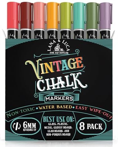 LANA & LUCA Liquid Chalk Markers for Blackboards - Wet Erase Marker Pens - Chalk Markers for Chalkboards Signs, Windows, Blackboard, Glass - 6mm Reversible Tip (8 Pack) - Vintage Colors Multicolor