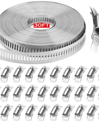 WSWECCL Hose Clamps 30FT Strap+30 Fasteners,DIY Cut-To-Fit 304 Stainless Steel Adjustable Large Worm Gear Band Clamp Assortment Kit,Metal Screw Fasteners and Strapping for Pipe,Duct,Pole,Tube