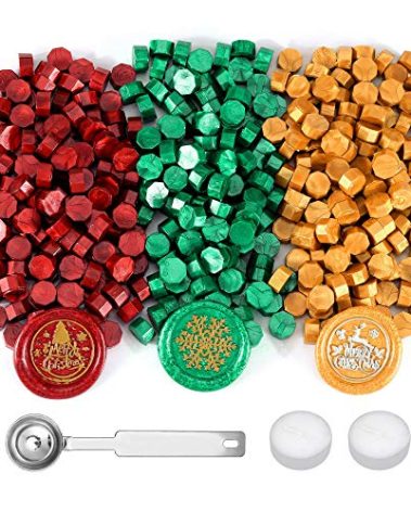 Yoption 360 Pcs Sealing Wax Beads Kit, Metallic Red, Green, Gold Christmas Wax Seal Beads with Candles and Melting Spoon