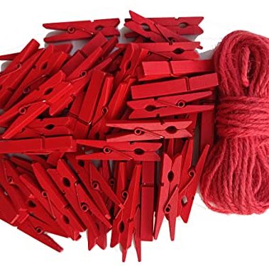 1.9 Inch Red Strong Wood Clothes Pins Hold Xmas Cards Papers Scrapbooking Gloves Socks Laundry Clip with Twine Pack 50