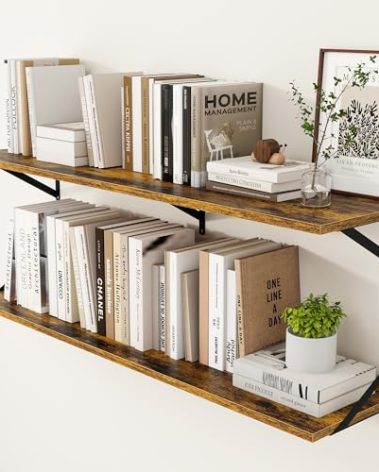 Heimlove Deep Floating Shelves for Wall, 48W x 12D Wood Wall Shelves Set of 2, Wide Floating Bookshelf for Living Room, Kitchen, Office, Bedroom and Decor Storage, with Metal Bracket - Rustic Brown