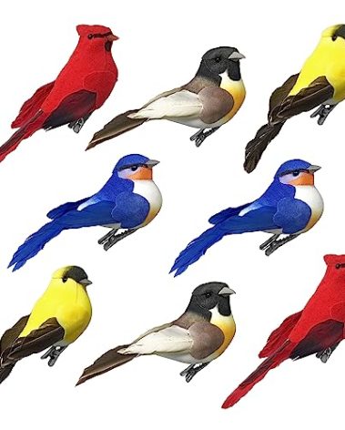 Song Bird Clip-On Ornaments - Set of 8 - Assorted Artificial Birds with Flocked Bodies Feathered Wings & Tail - Cardinals Bluebirds Robins Goldfinches - Each is 4" L & Costs $2.25
