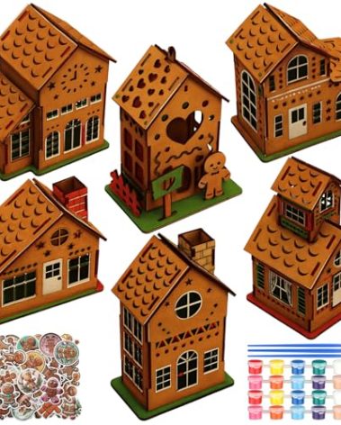 Fullhawl 6 Sets DIY Christmas Gingerbread House Wooden Kit to Build with Paint Paintbrushes and Gingerbread Man Stickers 3D Christmas Tree Ornaments for Fun Craft Activity Creative DIY Art Project