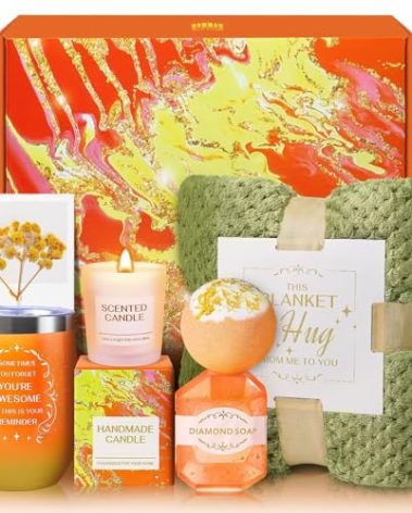Birthday Gifts for Women, Get Well Soon Self Care Gifts for Women, Unique Orange Relaxing Spa Basket with Luxury Flannel Blanket Feel Better Gift for Mom Her Sister Wife Girlfriend Grandma