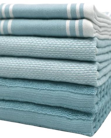 Premium Kitchen Towels (20”x 28”, 6 Pack) | Large Cotton Dish Towels | Flat & Terry Highly Absorbent Kitchen Linen Set with Hanging Loop | Wide Stripe Aqua
