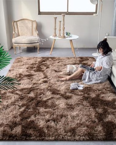 DweIke Fluffy Brown Rugs for Bedroom Living Room, 4x6 Feet Soft Plush Shaggy Tie-Dyed Dark Coffee Girls Boys Kids Rug, Upgraded Non-Slip and Machine Washable Carpet for Dorm Nursery Classroom Decor