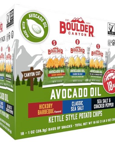 Boulder Canyon Avocado Oil Kettle Style Potato Chips Variety Pack, 18 Count - Gluten-Free, Non-GMO, Hickory Barbecue, Classic Sea Salt, Sea Salt & Cracked Pepper (1 oz Bags)